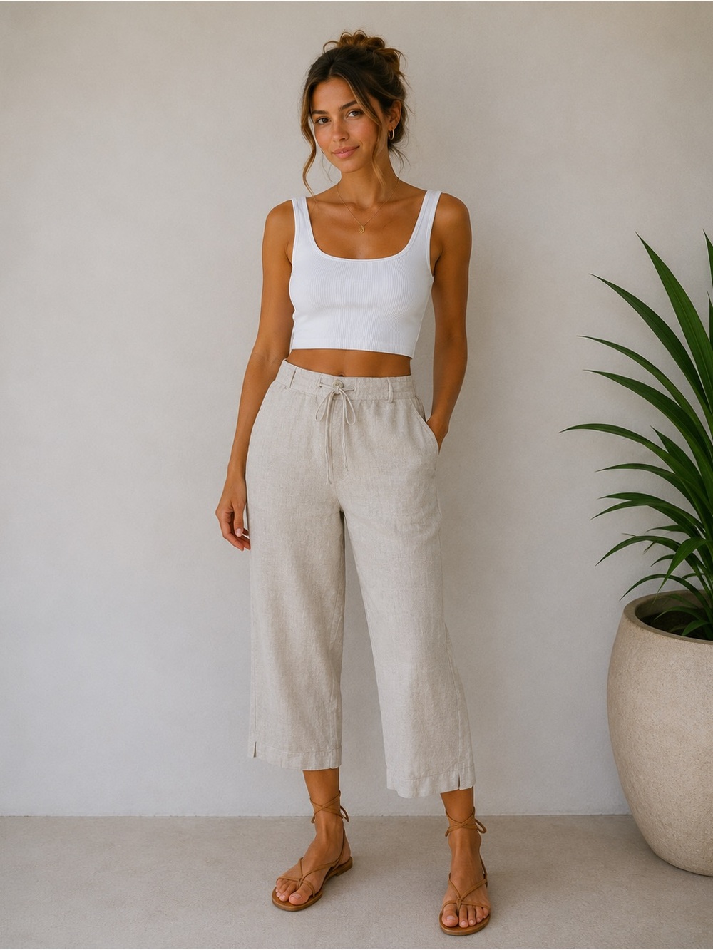 Kim Rogers 100% Linen Cropped Pants Beige Size 14
